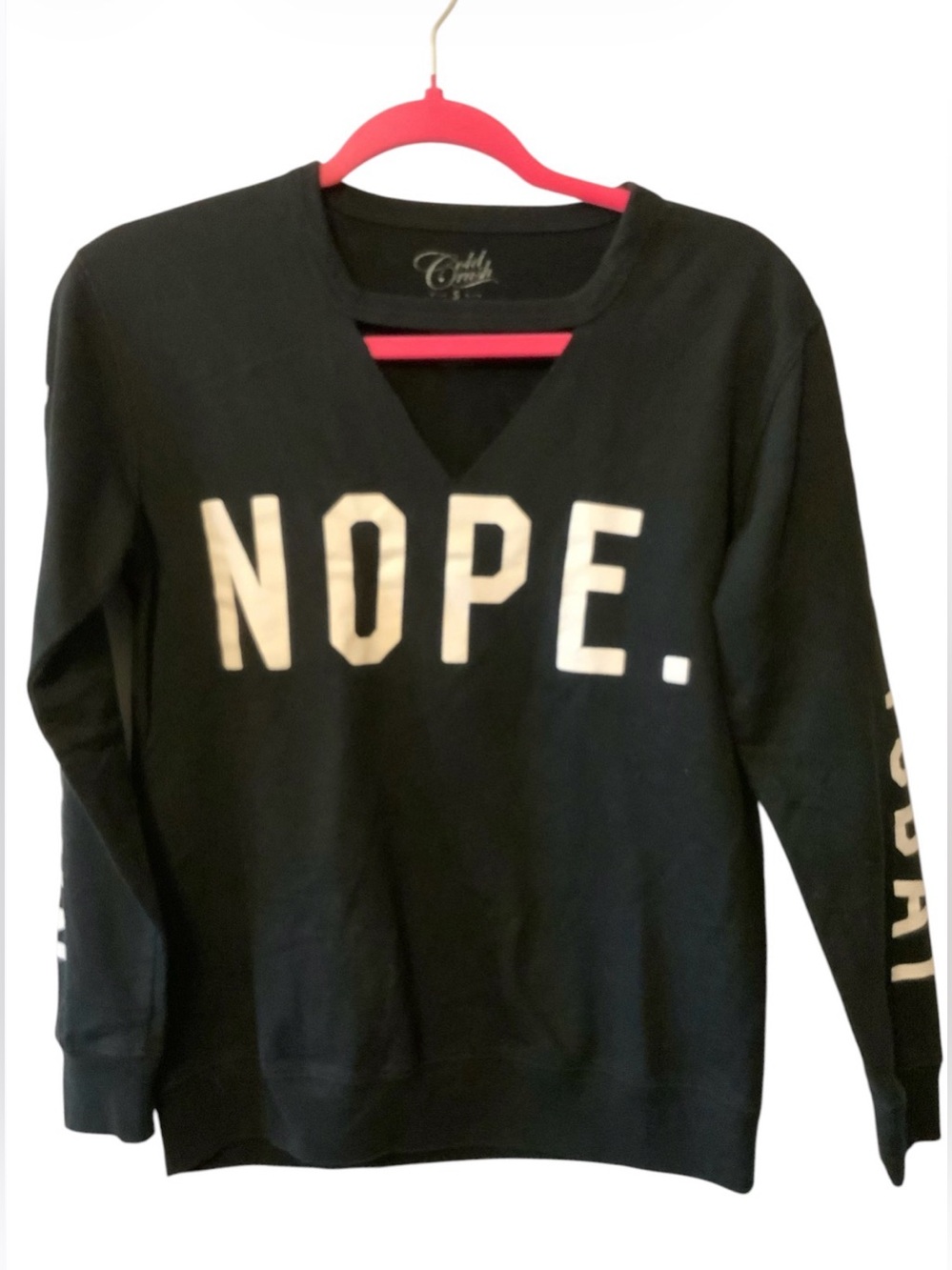 Cold Crush Black V-Neck Sweater with White "NOPE." Graphic. Size small.